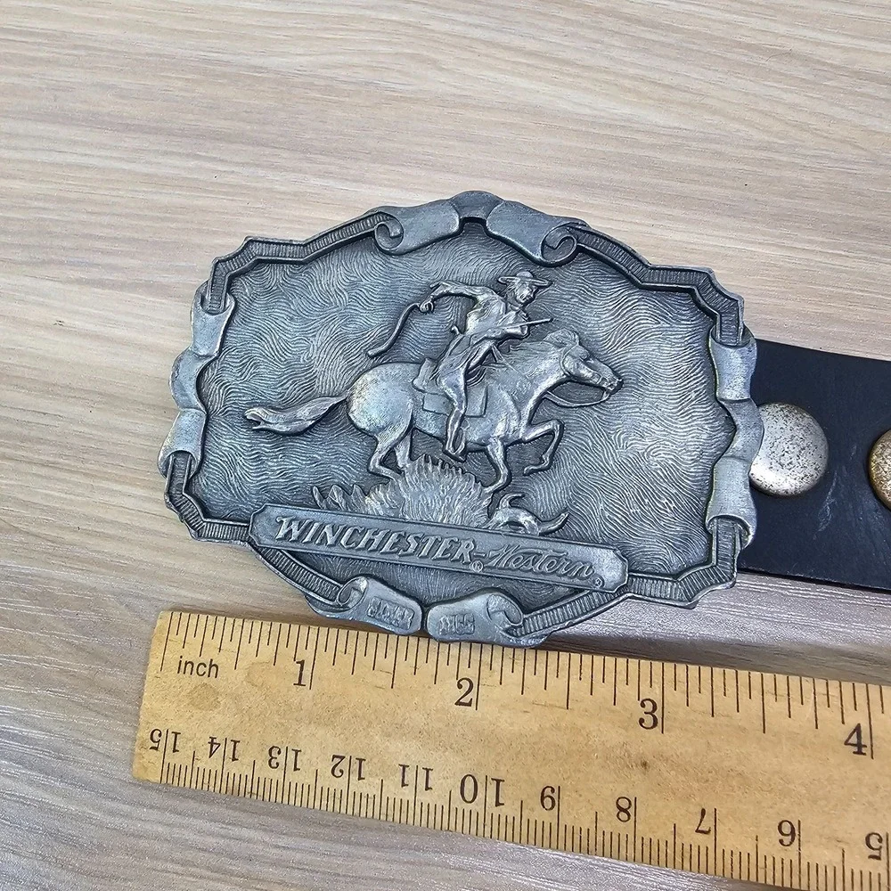 Mens Leather Work Belt 32 S Black 80s Winchester Western Heavy Buckle Pony Rodeo